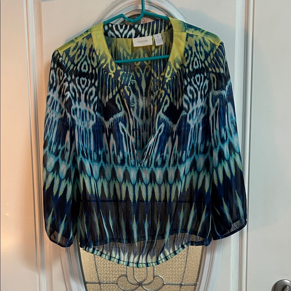 Chico's Blue and Yellow Patterned Blouse